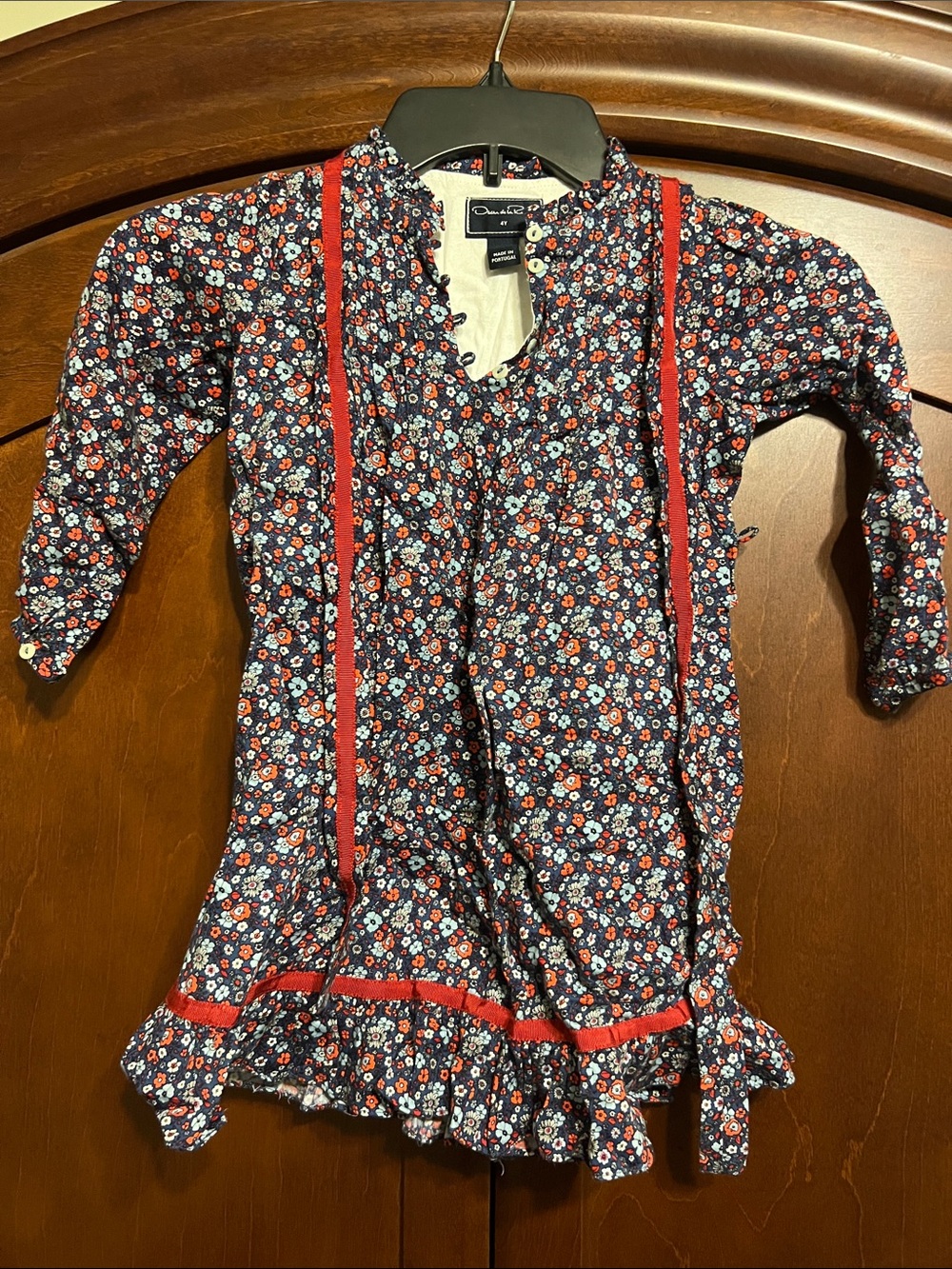 Oscar de la Renta Navy Floral Dress with Red Trim